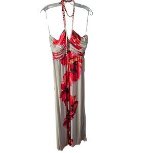 Floral Halter Maxi Dress With Red Poppy Print By Snap Size L Polyester Blend Wom